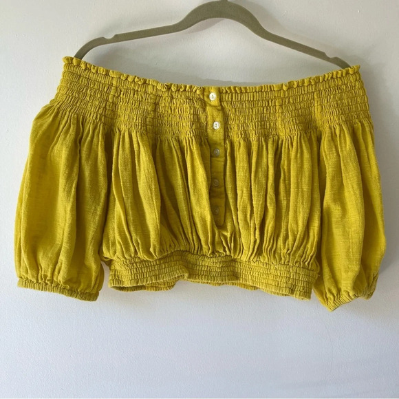 We the Free People Dancing Till Dawn Smocked Off The Shoulder crop Top yellow XS - Picture 3 of 10
